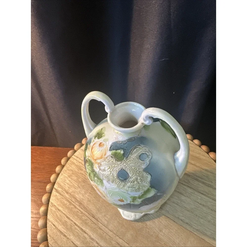 Nippon Double Handle Vase Blue Green yellow Flowers Antique